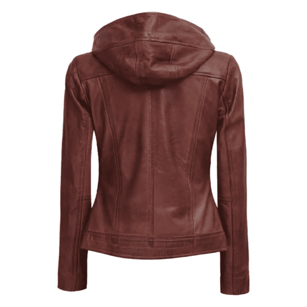 Womens Asymmetrical Motorcycle Leather Jacket with Hood Back Side