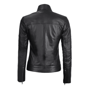 Womens Black Real Leather Cafe Racer Jacket with Decorated Seams Back Side