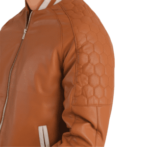 Pascal Tan Brown Leather Varsity Jacket Shoulder Side