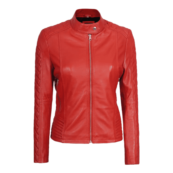 Women Red Quilted Cafe Racer Leather Jacket Front Side