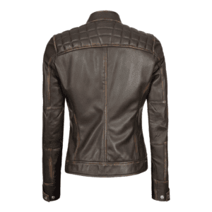 Women's Rub Off Dark Brown Quilted Leather Cafe Racer Jacket with Strap Collar Back Side