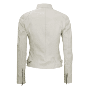 White Leather Motorcycle Cafe Racer Jacket for Women Back Side