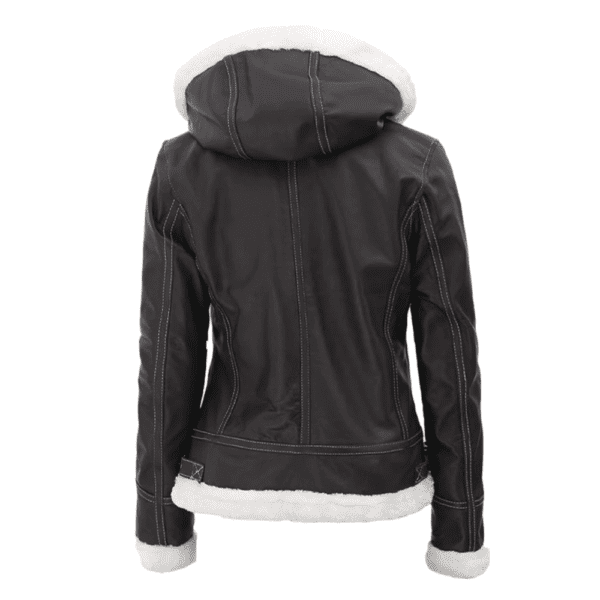 Womens Bomber Fur Lined Leather Jacket with Removable Hood Back Side