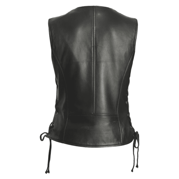 Womens Black Motorcycle Leather Vest Back Side