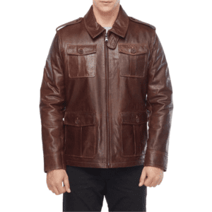 jamie Campbell Bower Men’s Brown Trucker Style Leather Jacket Front Side