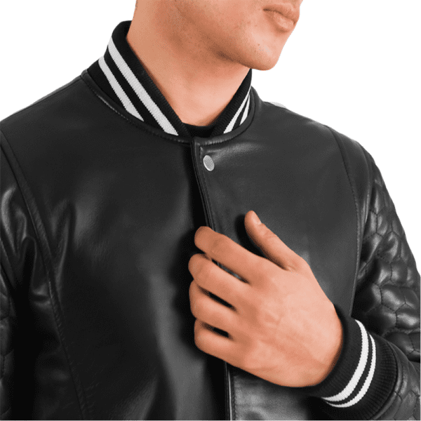 Wilde Black Leather Varsity Coat Colar Side