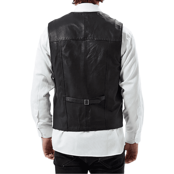 Men’s Black Leather Stylish Pointed Vest Back Side