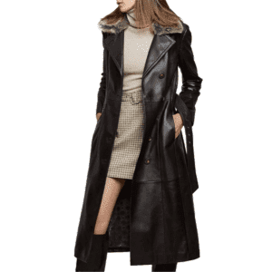 Women’s Black Leather Fur Collar Trench Extra Long Coat Front Side