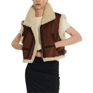 Women Sheepskin Brown Shearling Aviator Leather Vest Front Side