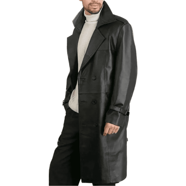 Mens Belted Double Breasted Black Leather Trench Coat Right Hand Side