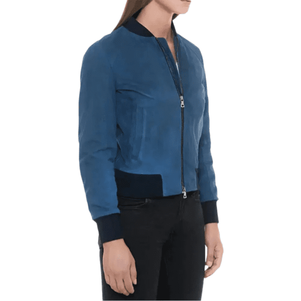 Blue Suede Bomber Jacket with Black Rib Knit Collar Left Side