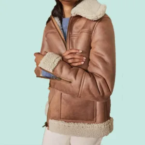 Women Brown Sheepskin Shearling Leather Aviator Shoulder Side