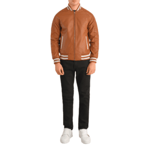 Pascal Tan Brown Leather Varsity Jacket Front Side