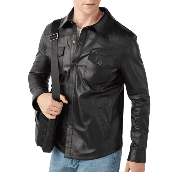 Guido Men’s Real Black Leather Trucker Jacket Front Side