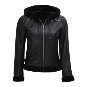 Womens Black Shearling Bomber Leather Jacket with Hood Front Side