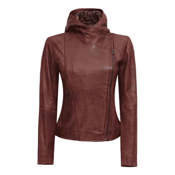 Womens Asymmetrical Motorcycle Leather Jacket with Hood Front Side