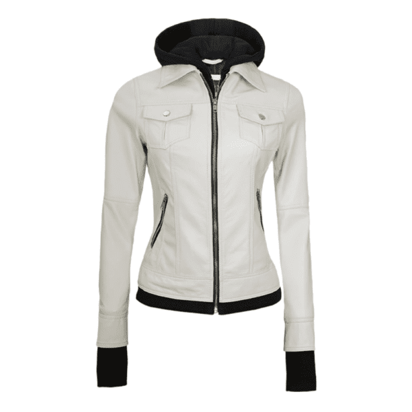 Tralee Womens Bomber Off White Real Leather Jacket with Hood Front Side