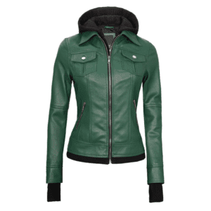 Tralee Womens Green Real Leather Jacket with Hood Front Side