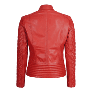 Women Red Quilted Cafe Racer Leather Jacket Back Side