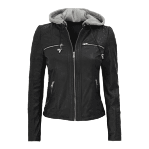 Womens Black Cafe Racer Leather Jacket - Removable Hood Front Side