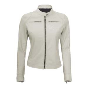 White Leather Motorcycle Cafe Racer Jacket for Women Front Side