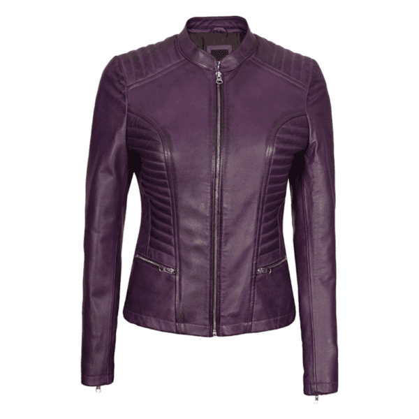 Rachel Purple Cafe Racer Leather Jacket Women's Front Side