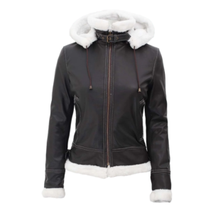 Womens Bomber Fur Lined Leather Jacket with Removable Hood Front Side