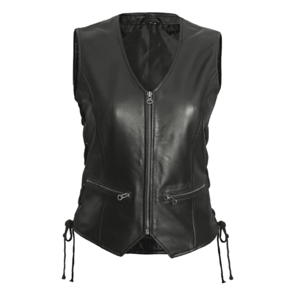 Womens Black Motorcycle Leather Vest Front Side