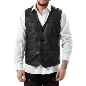 Men’s Black Leather Stylish Pointed Vest Front Bottoned Side