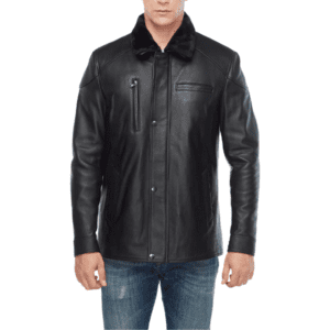 Men’s 100% Real Black Leather Shearling Collar Jacket Front Side