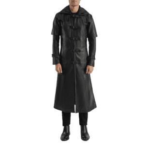 Huntsman Black Hooded Leather Trench Coat Front Side