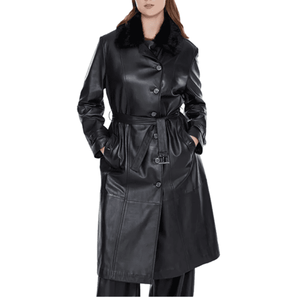 Brenda Women’s Black Leather Fur Collar Buttoned Trench Coat Front Side