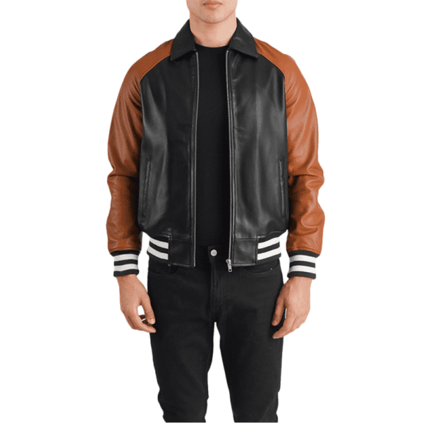 Walton Black & Brown Leather Varsity Jacket Front Side