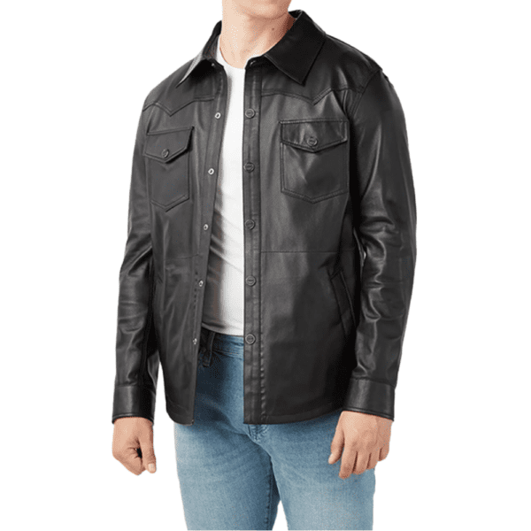 Guido Men’s Real Black Leather Trucker Jacket Front Side