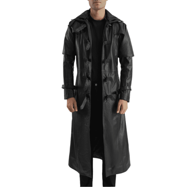 Huntsman Black Hooded Leather Trench Coat Front Side