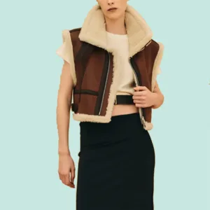 Women Sheepskin Brown Shearling Aviator Leather Vest Front Model Side