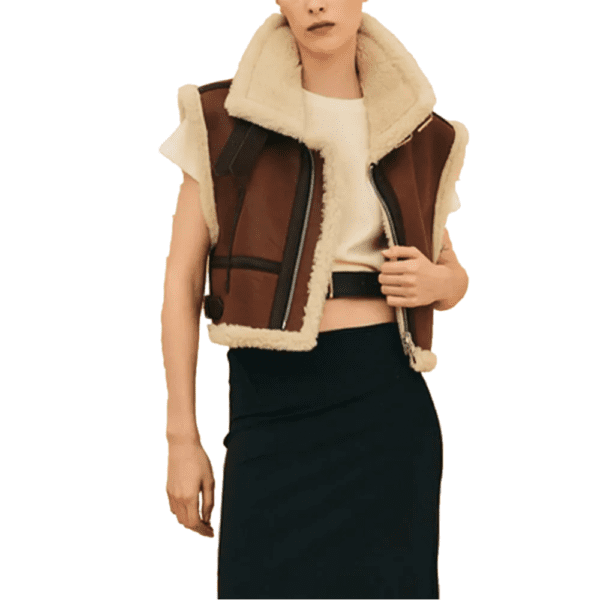 Women Sheepskin Brown Shearling Aviator Leather Vest Front Side