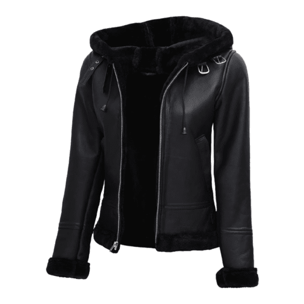 Womens Black Shearling Bomber Leather Jacket with Hood Right Side