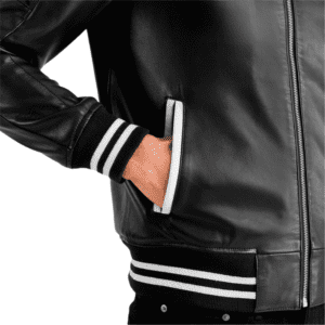 Pascal Black Leather Varsity Jacket Pocket Side