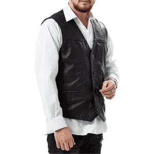 Men’s Black Leather Stylish Pointed Vest Left Hand Side