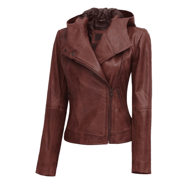 Womens Asymmetrical Motorcycle Leather Jacket with Hood Right Side