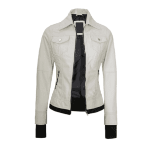 Tralee Womens Bomber Off White Real Leather Jacket with Hood Front Side