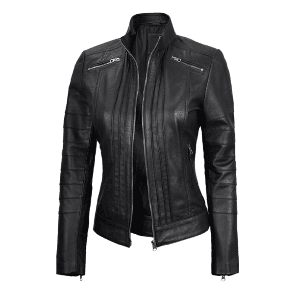 Womens Black Real Leather Cafe Racer Jacket with Decorated Seams Right Side