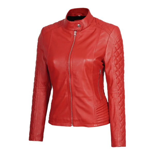 Women Red Quilted Cafe Racer Leather Jacket Right Hand Side