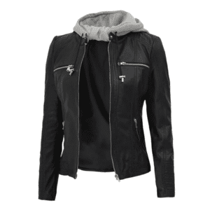 Womens Black Cafe Racer Leather Jacket - Removable Hood Front Side