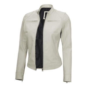 White Leather Motorcycle Cafe Racer Jacket for Women Right Hand Side