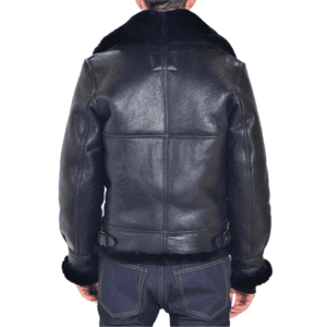 Classic B-3 Sheepskin Black Leather Bomber Jacket Back Side