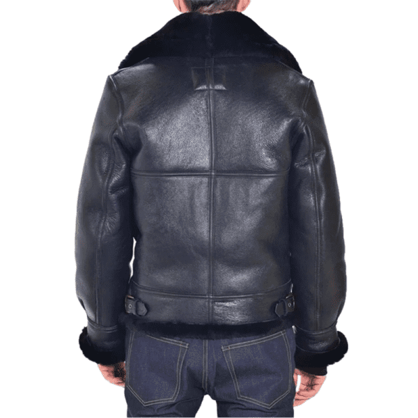 Classic B-3 Sheepskin Black Leather Bomber Jacket Back Side