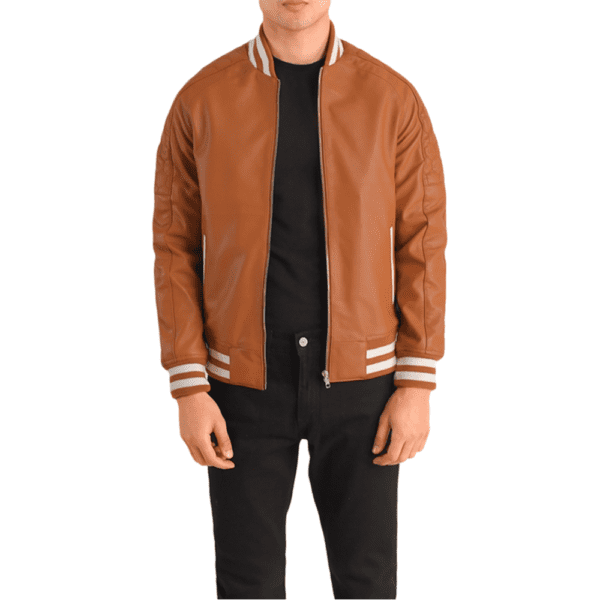 Pascal Tan Brown Leather Varsity Jacket Front Side