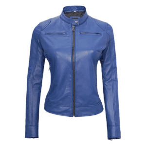 Cafe Racer Women's Blue Leather Jacket Back Front Side